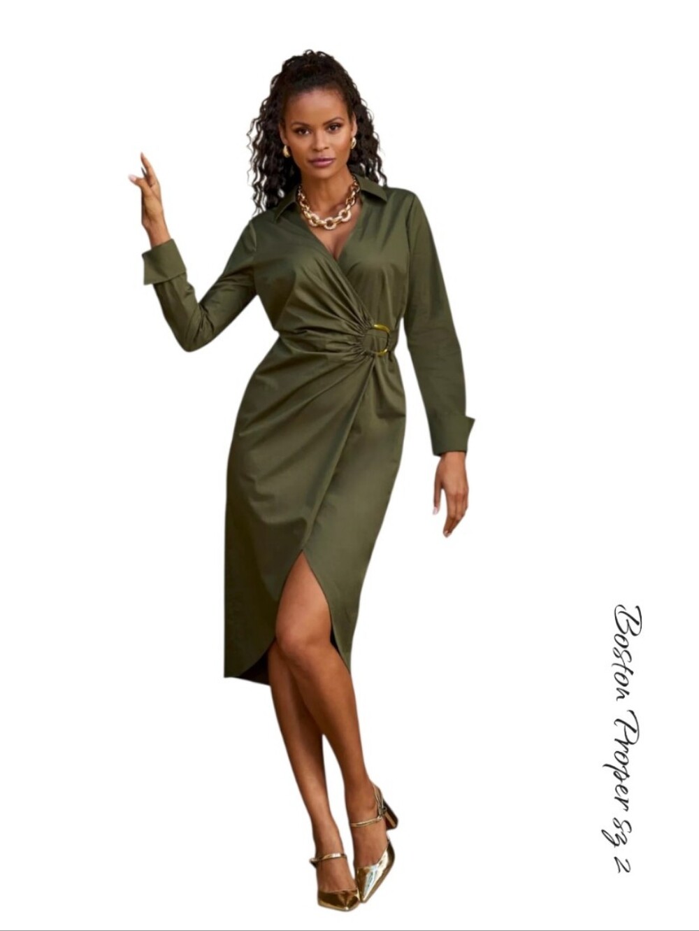 Boston Proper Hardware Detail Collared Shirt Dress Olive Night Green Midi M NWT